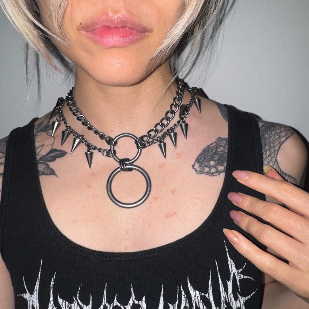 darker wavs gunmetal layered chain spike necklace